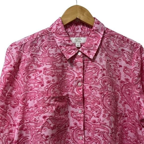 Charter Club Alligator Print Linen Blend Button Up Shirt Size L Vacation Womens - Picture 3 of 10